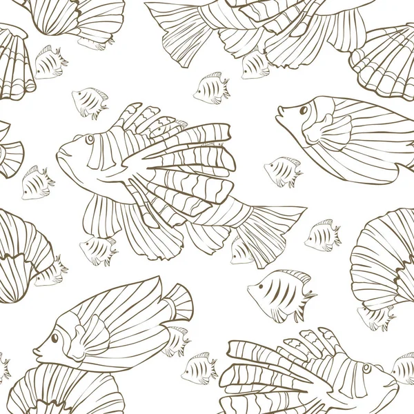 Naadloos patroon met de hand getekende zeevissen en schelpen. Zee behang. Vector illustratie. Pagina van kleurboek — Stockvector