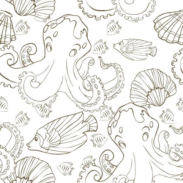 Bezszwowy wzór z ręcznie rysowanych ośmiornic, ryb morskich i muszli. Ilustracja wektorowa. Strona kolorowania książki — Wektor stockowy