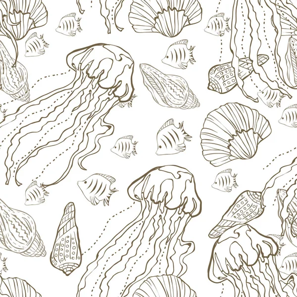 Bezszwowy wzór z ręcznie rysowanych muszli, Jellyfish mało ryb. Strona kolorowania książki — Wektor stockowy
