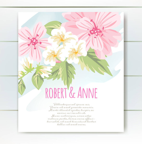 Vector delicate invitation with cute flowers for wedding, marriage, bridal, birthday, Valentines day
