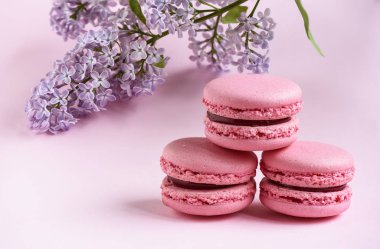 Piramit üç macaroons ve pembe bir arka plan üzerinde leylak dalı