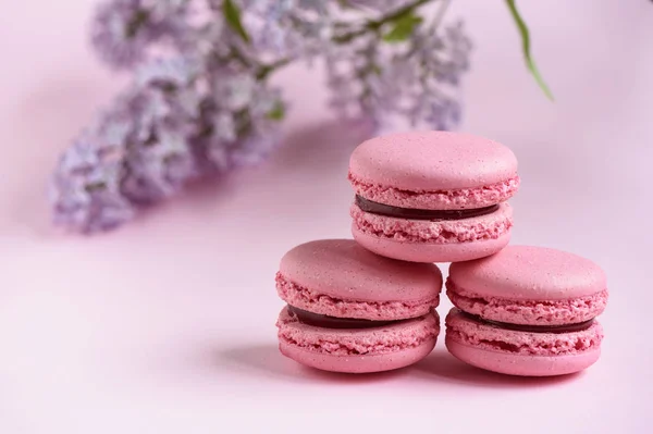 Selective Focus Pyramid Three Macaroons Branch Lilac Pink Background — Stock Photo, Image