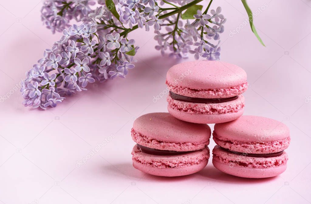 Pyramid of three macaroons and a branch of lilac on pink background