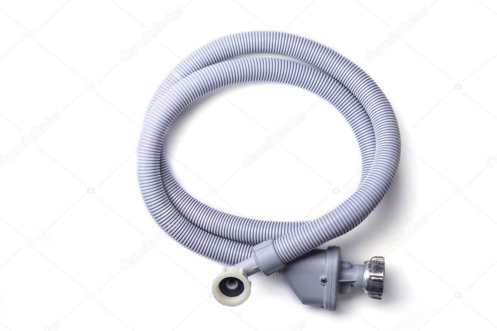 Top view. Drain hose for washing machine isolated on white background. Border design. Copy space.