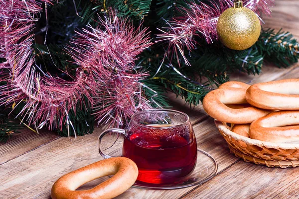 Tea Bagels Wooden Table Christmas Tree Rustic Stile — Stock Photo, Image