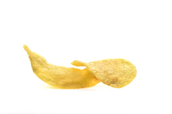 Two Potato Chips Isolated White Background Close Copy Space — Stock Photo, Image