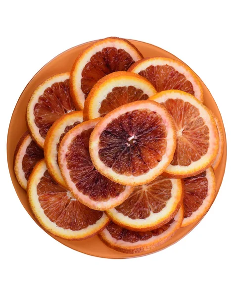 Rodajas Jugosa Naranja Sangre Madura Plato Naranja Aislado Sobre Fondo — Foto de Stock