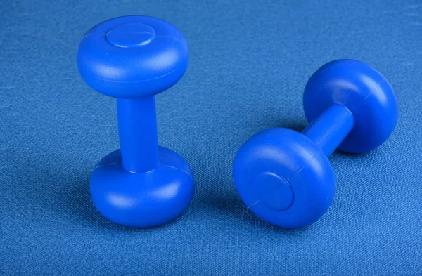 Mavi Dumbbells Fitness Için Mavi Bir Halı Üzerinde Kız Için — Stok fotoğraf