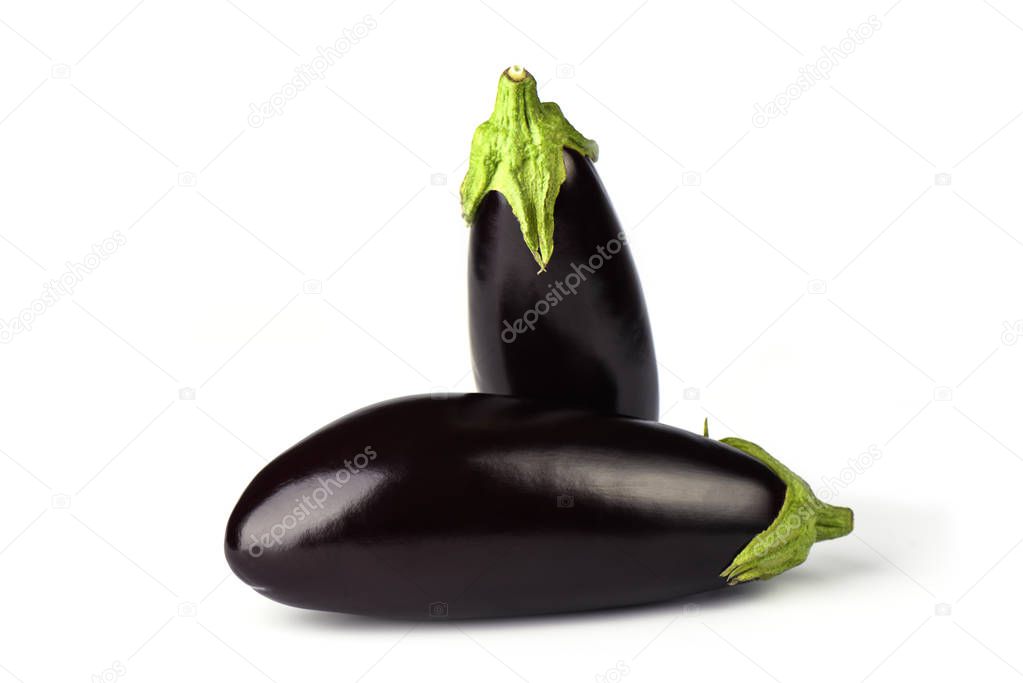 Two eggplants or aubergines isolated on white background. 