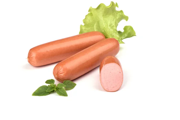 Two fresh boiled sausages and half, lettuce and basil isolated on white background — Stock Photo, Image