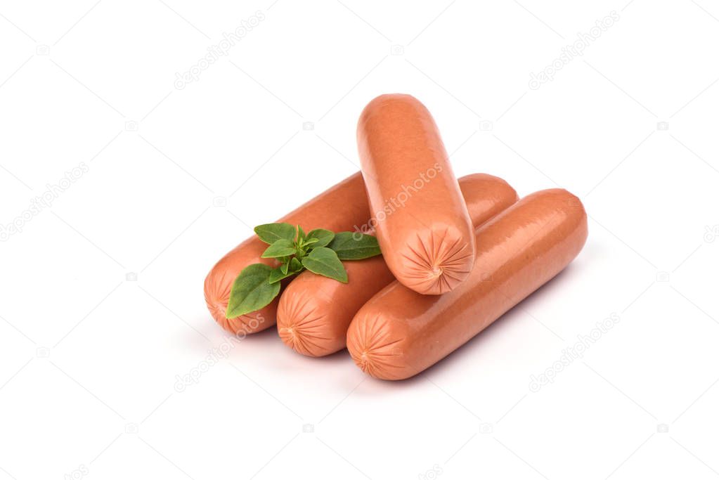 Four fresh boiled sausages with basil on a white background