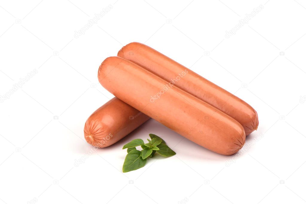 Three fresh boiled sausages and basil isolated on white background