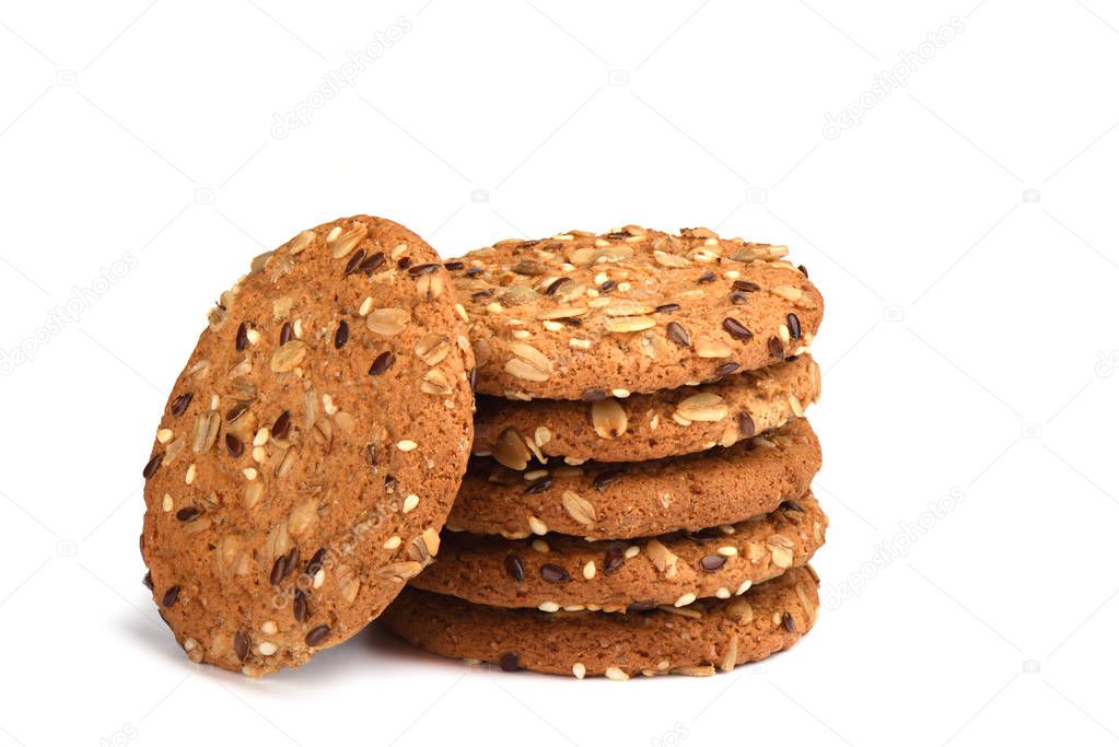 Oatmeal cookies with cereals isolated on white background. Sweet