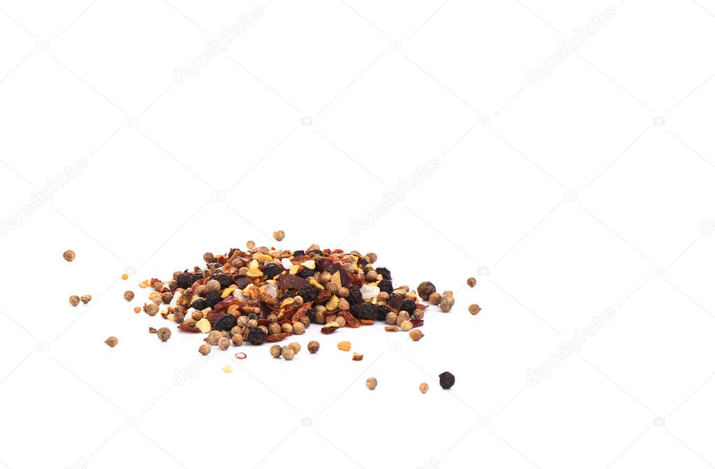 Mixture of spices for culinary mill isolated on white background