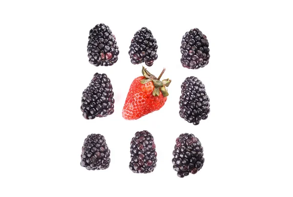 Ripe blackberries and strawberry isolated on white background. — Stock Photo, Image