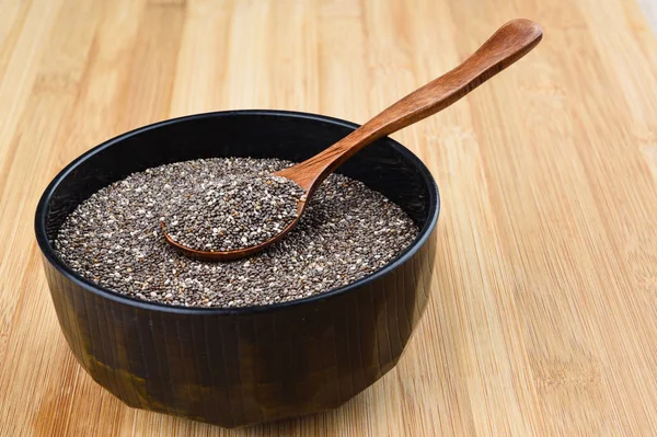 Wooden spoon with chia seeds. Close up.
