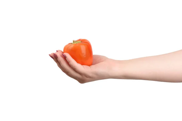 Paprika oranžová v ruce na bílém pozadí. — Stock fotografie