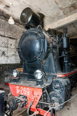 Yaroslavl bölgesi, Talitsy köyü, Rusya, 19 Temmuz 2015: Pereslavl demiryolu müzesi. Buharlı lokomotif Gr-269, 1950 'de Almanya' da 900mm 'lik dar bir demiryolu hattı için inşa edildi..