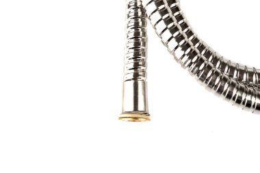 Makro atış. Makro atış. Duş başlığına bağlanan kıvrımlı duş hortumunun bir parçası. Boşluğu kopyala.