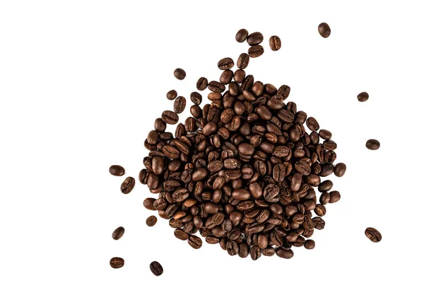 Rostade Kaffebönor Isolerade Vit Bakgrund Kopiera Utrymme Ovanifrån — Stockfoto