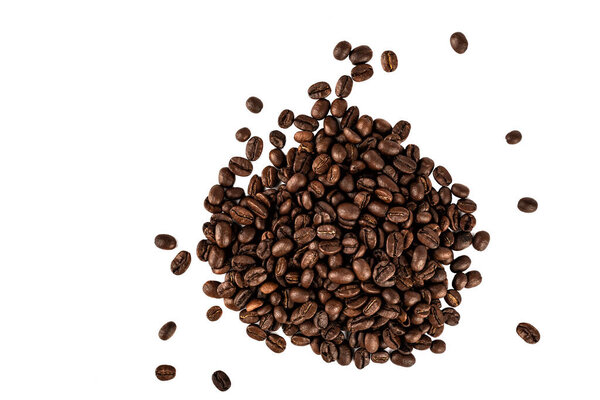 Roasted coffee beans isolated on white background. Copy space.Top view.
