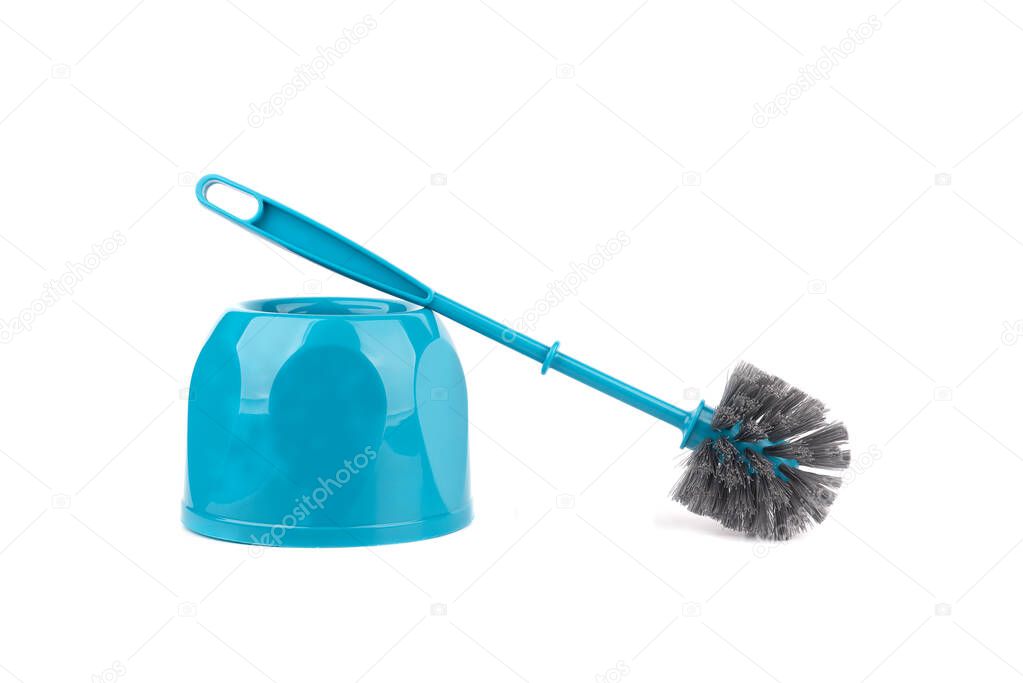 Plastic toilet brush on bowl isolated on white background. Close up. Copy space.