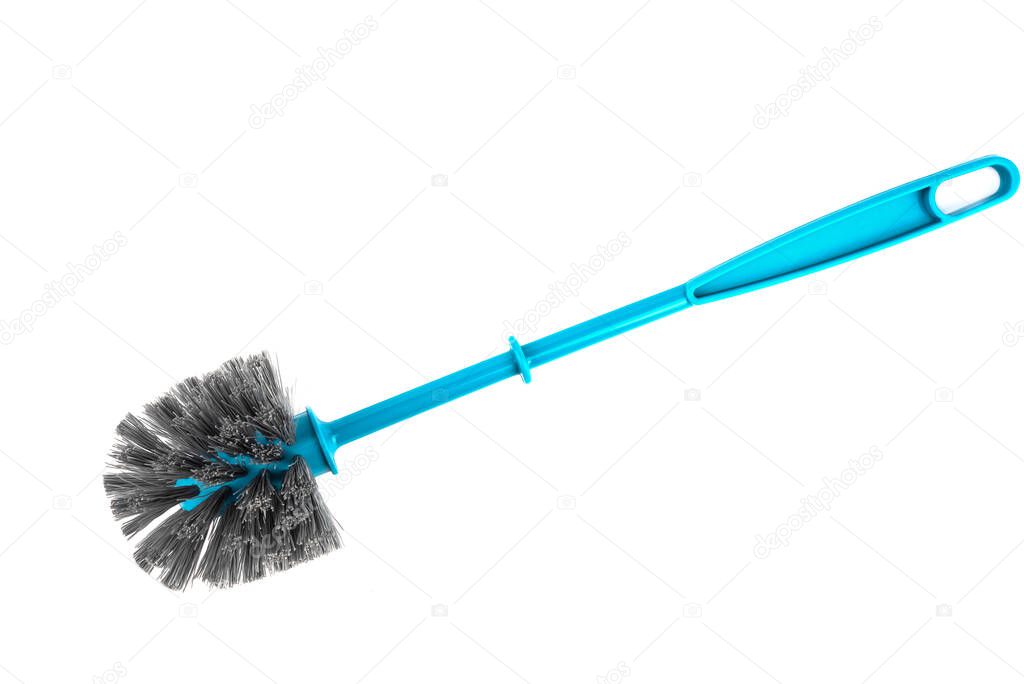 Toilet brush plastic blue with bristles, diagonal, top view.