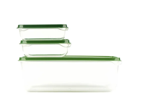 Olika Plastbehållare Med Grönt Lock För Förvaring Mat Isolerade Vit — Stockfoto