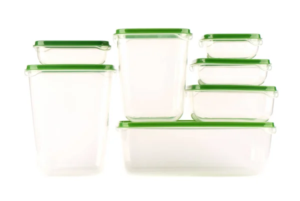 Plastbehållare För Förvaring Livsmedel Olika Storlekar Isolerade Vit Bakgrund Närbild — Stockfoto
