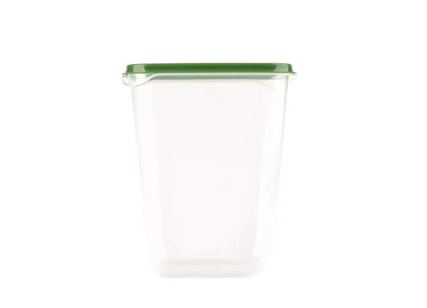 Transparent lång plastbehållare med grönt lock isolerad på vit bakgrund. — Stockfoto