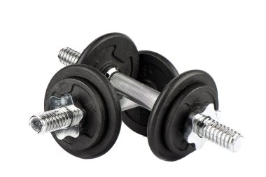 Beyaz arka planda izole edilmiş iki dambıl koleksiyonu. Bir dambıl diğerinin üzerinden geçiyor. Kapatın. Boşluğu kopyala.