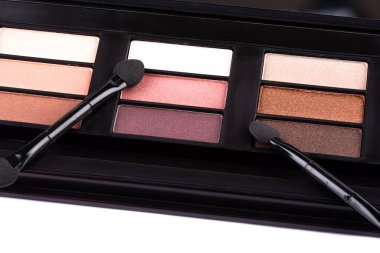 Makro atış. Dudak parlatıcısı ve fırçalar beyaz arkaplanda bir kutuda.