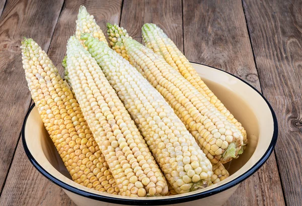 Очищенные Уши Кукурузы Чаше Эмали Сельский Стиль — стоковое фото