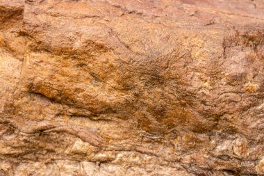 Islak, açık kahverengi taş yüzeyin üst görüntüsü. Taş yüzey arka planı. Uzayı kopyala Kapat..