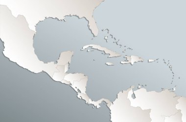 Caribbean Adaları Orta Amerika Haritası, devlet adları, ayrı devlet, kart mavi beyaz 3d raster boş