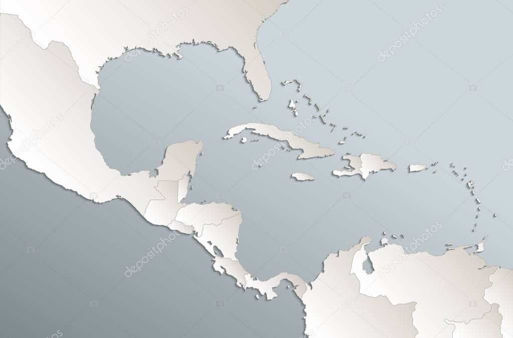 Caribbean islands Central America map, state names, separate states, card blue white 3D raster blank