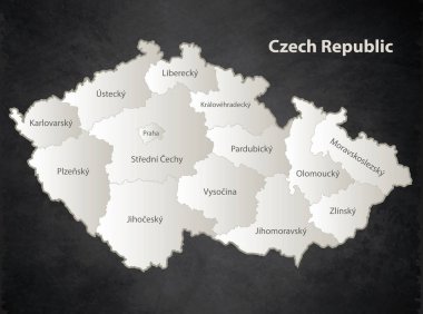 Çek Cumhuriyeti harita siyah beyaz ayrı bölge tek tek isim tahta vektör