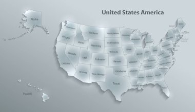 Alaska ve Hawaii harita ayrı devlet ayrı adı cam kartı 3d vektör ile ABD harita