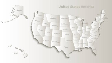 Alaska ve Hawaii harita ayrı devlet ayrı adı kart kağıt 3d doğal vektör ile ABD harita