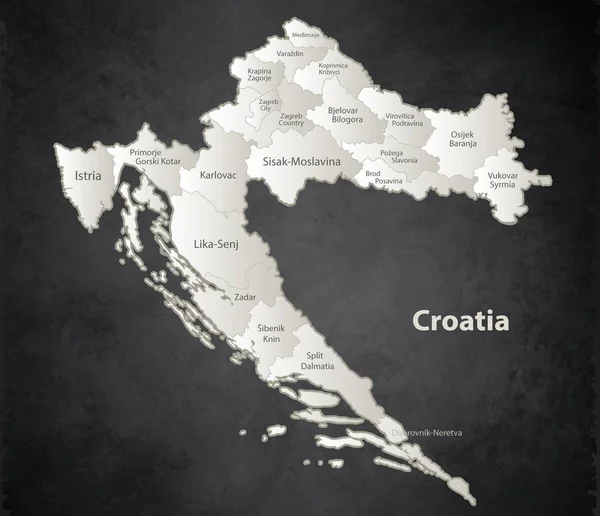 Croacia Mapa Negro Blanco Región Separada Nombres Individuales Pizarra Vector — Vector de stock