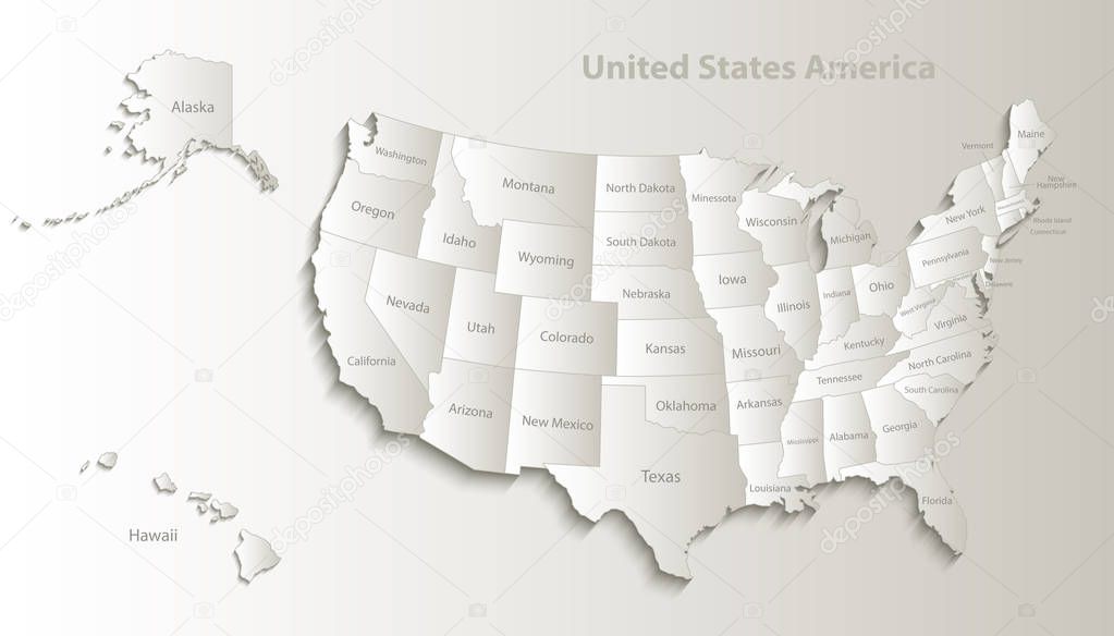 USA map with Alaska and Hawaii map separate states individual names card paper 3D natural vector