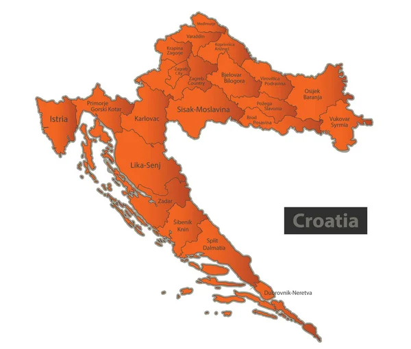 Croacia Mapa Naranja Región Separada Nombres Individuales Vector — Vector de stock