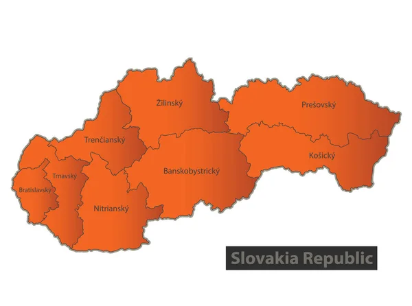 Eslovaquia Mapa Naranja Región Separada Nombres Individuales Vector — Vector de stock