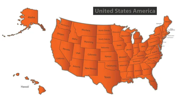 Mapa Usa Vektorem Jednotlivé Názvy Samostatné Státy Aljaška Havaj Oranžová — Stockový vektor