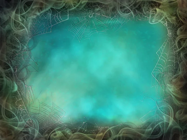 Duvar turkuaz örümcek ağı ve duman arka derin Cadılar Bayramı için büyülü ışık