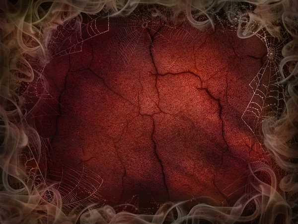 地獄蜘蛛の巣 ひびの入った赤いハロウィーンのため煙の背景の壁 — ストック写真
