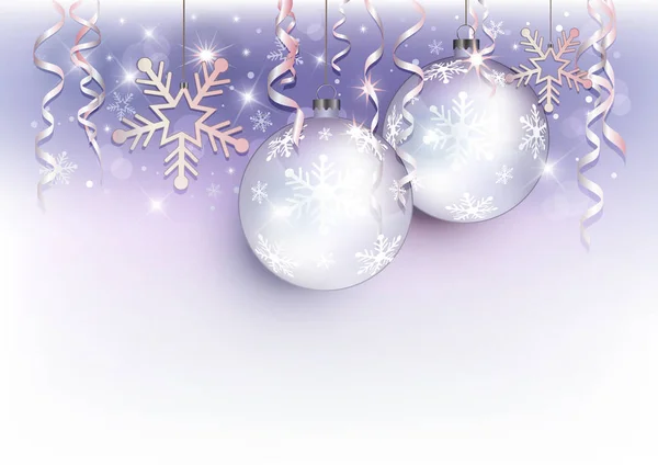 Palle Natale Fiocco Neve Sfondo Viola Bianco Argento Vettore — Vettoriale Stock
