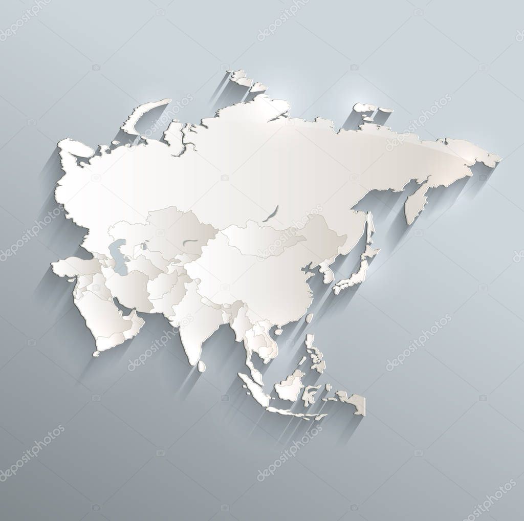 Asia political map 3D vector individual states separate raster
