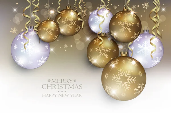 Kerstballen Gouden Zilveren Achtergrond Sneeuw Vlok Vector — Stockvector