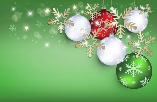 Palline Natale Biglietto Auguri Sfondo Verde Fiocchi Neve Oro Raster — Foto Stock